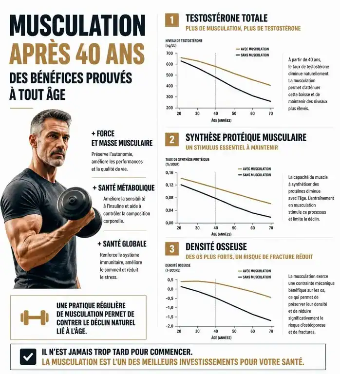 Infographie sur les bénéfices de la musculation pour homme de 40 ans
