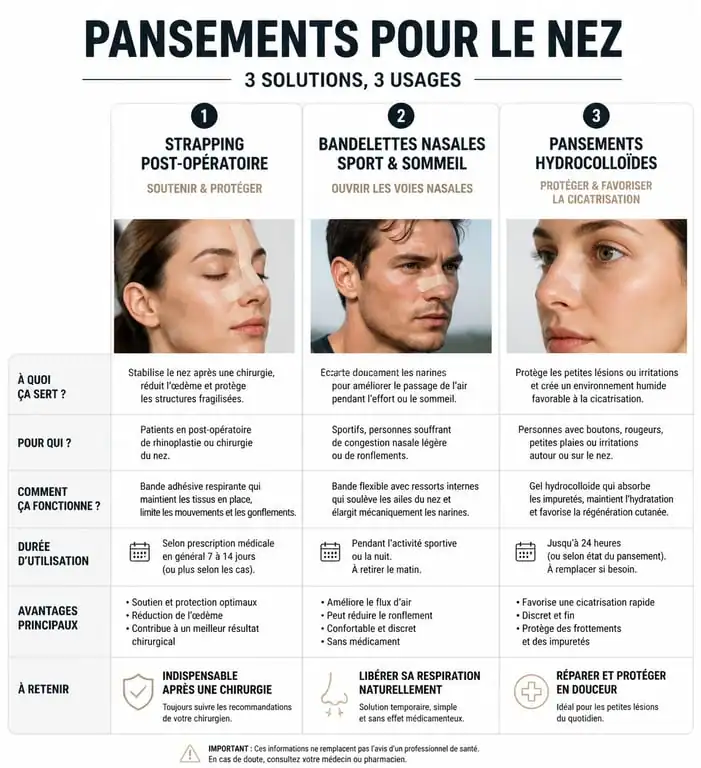 Infographie comparative des différents types de pansements pour le nez et leurs usages
