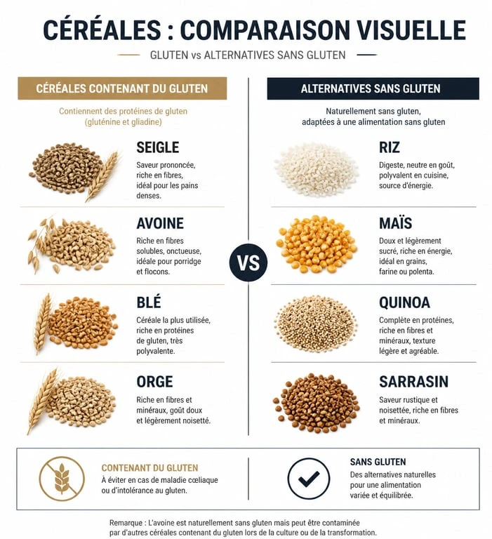 Infographie des aliments contenant du gluten à éviter et alternatives sans gluten