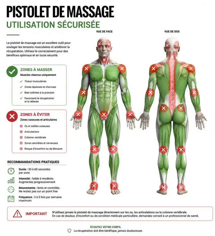 Infographie sur l'utilisation sécurisée d'un pistolet de massage et zones à éviter