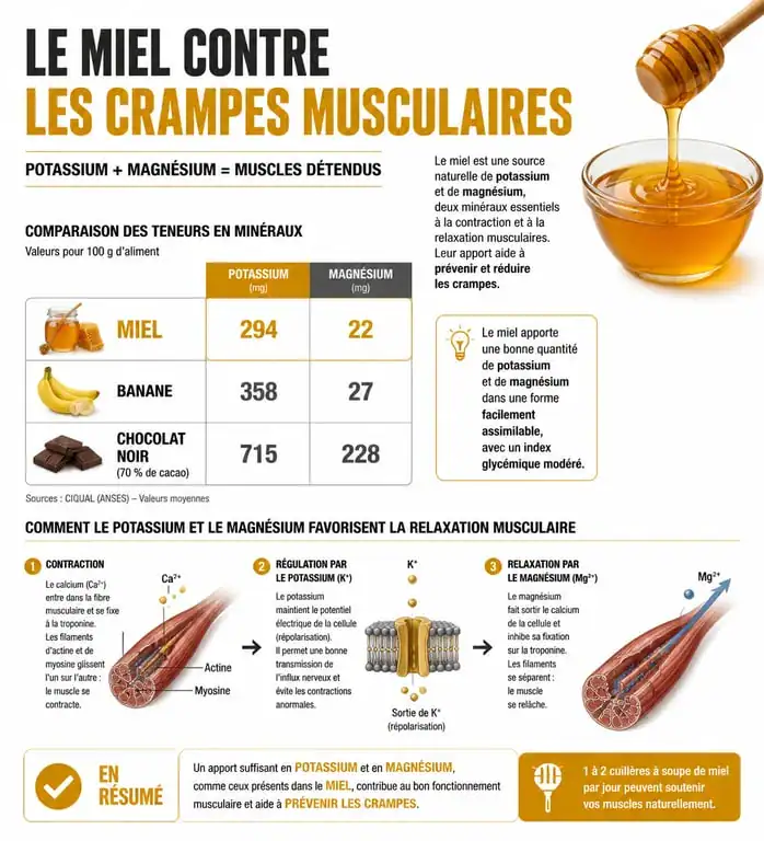 Infographie comparative des bienfaits du miel contre les crampes musculaires et teneur en minéraux