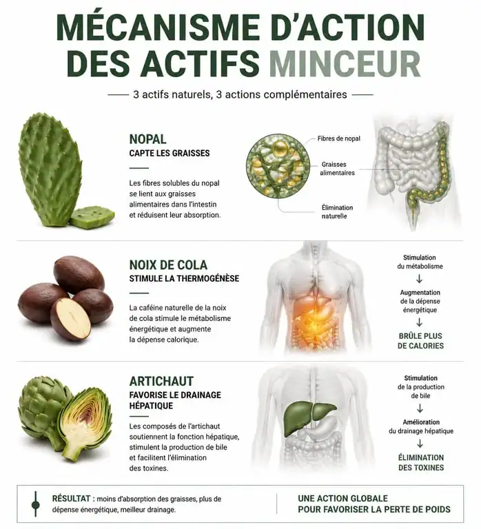 Infographie explicative du fonctionnement des actifs Anaca 3 pour la perte de poids