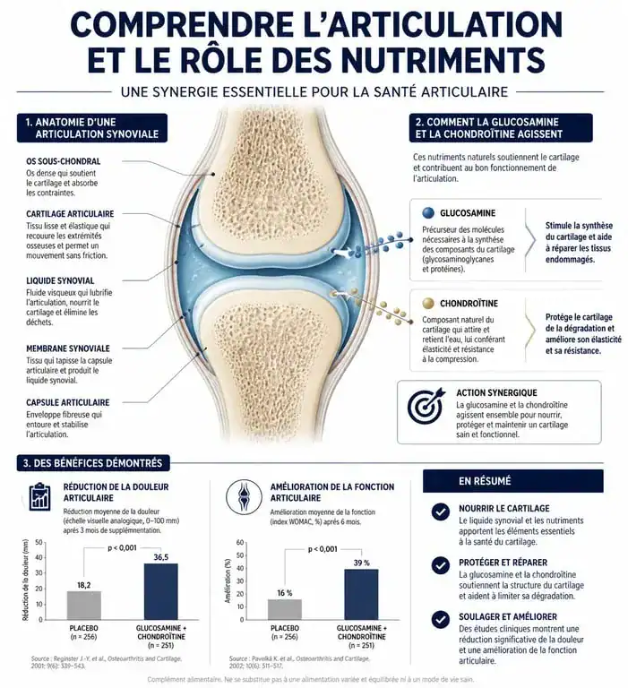 Schéma explicatif du fonctionnement de l'articulation et rôle des médicaments pour les articulations et le cartilage