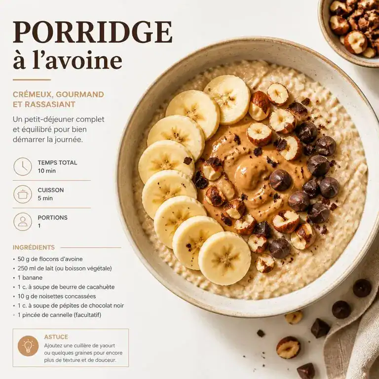 Bol de porridge maison crémeux avec banane, beurre de cacahuète et chocolat