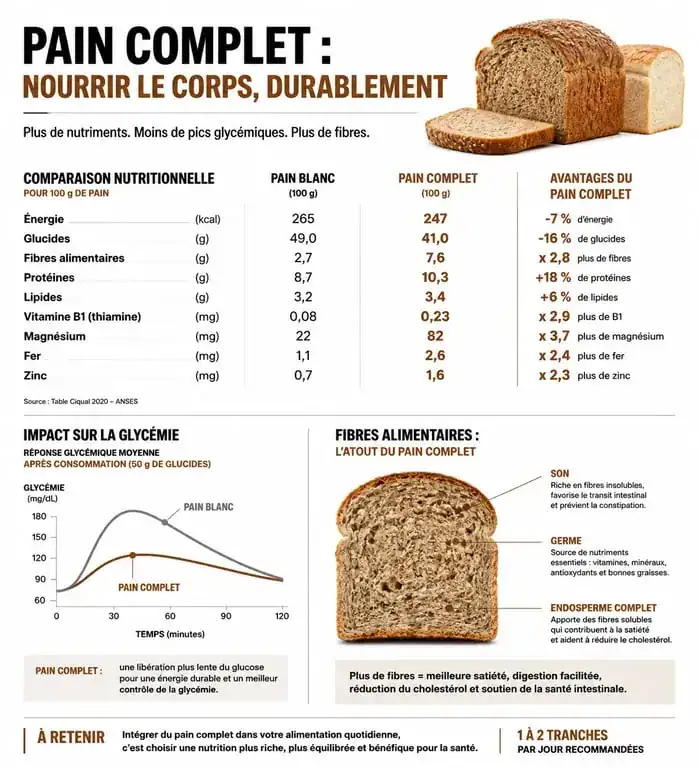 Infographie des bienfaits nutritionnels et santé du pain complet