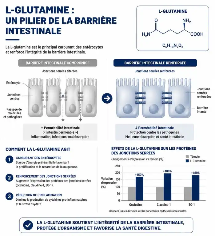 Infographie sur le rôle de la L-glutamine pour la santé de la barrière intestinale et les jonctions serrées
