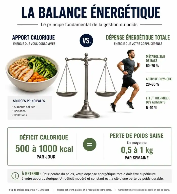Infographie sur le fonctionnement du déficit calorique et le calculateur de perte de poids