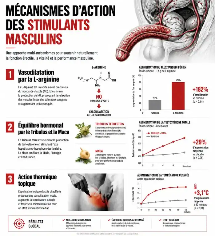 Infographie sur le fonctionnement des stimulants masculins disponibles en pharmacie et leurs effets sur la performance sexuelle.