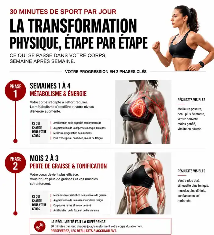 Infographie de la transformation physique après 30 minutes de sport par jour