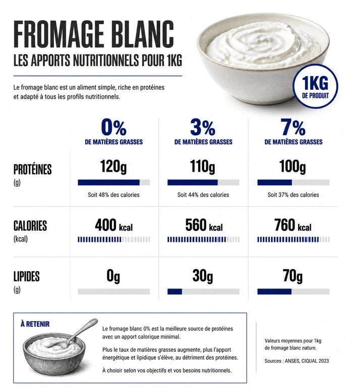 Infographie des apports nutritionnels pour 1kg de fromage blanc selon le taux de matière grasse