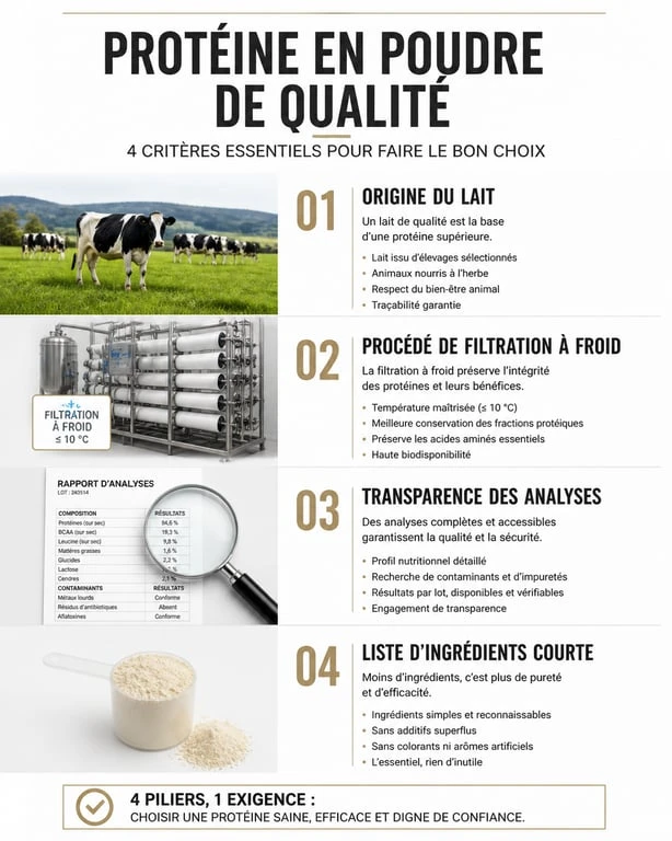 Infographie des critères pour choisir la meilleure marque de protéine en poudre