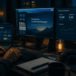 formation a distance community manager, personne au bureau avec écrans et outils