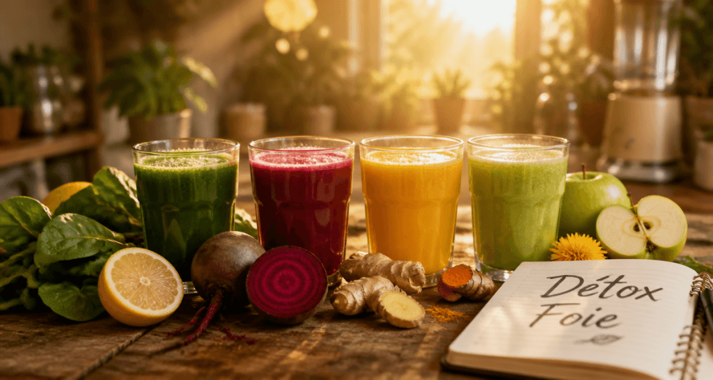 jus detox pour le foie verres colorés ingrédients frais