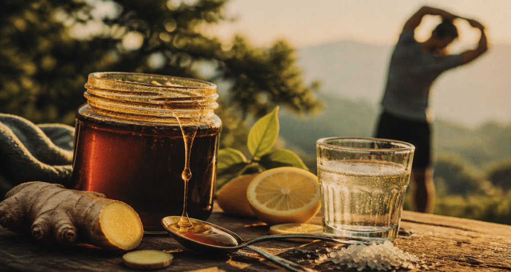 le miel contre les crampes sur une table avec citron et sportif