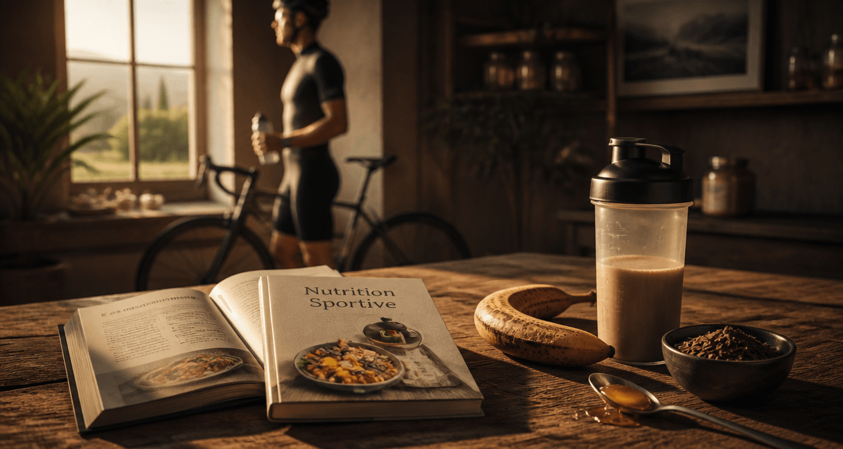 livre sur la nutrition sportive avec aliments et cycliste