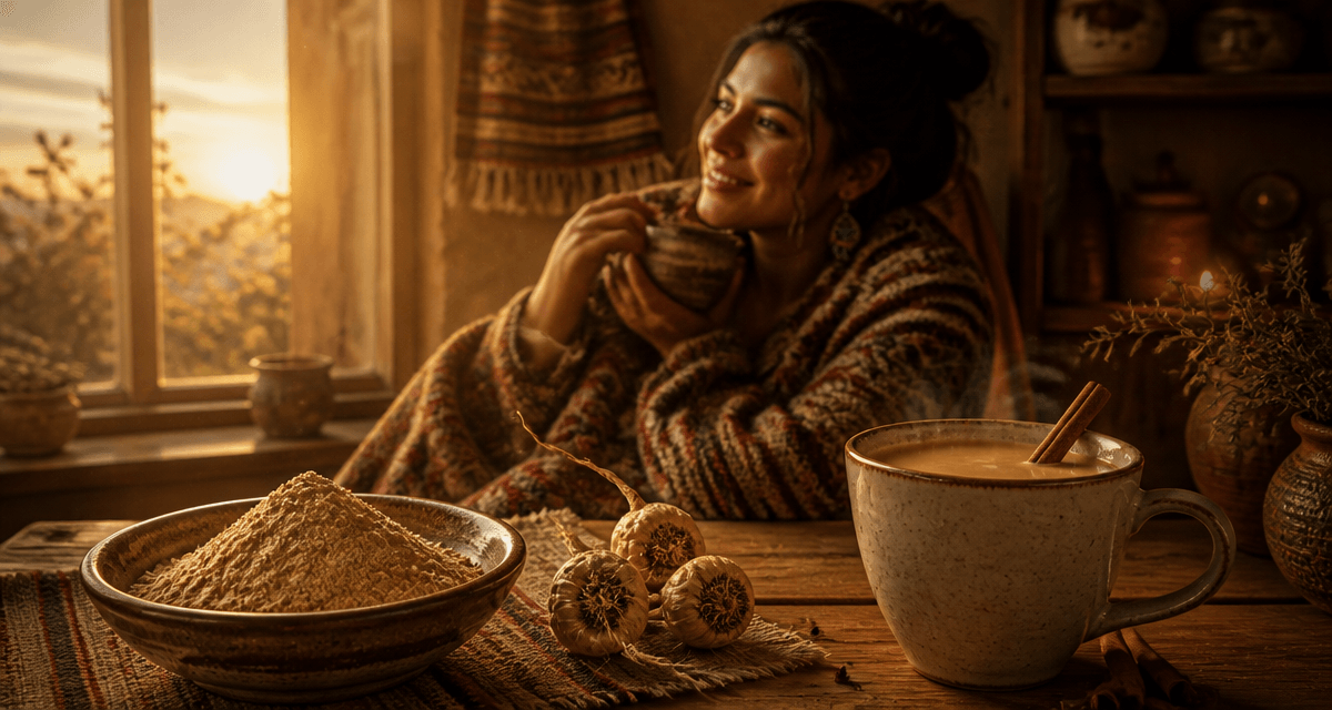 Maca : bienfaits femme, poudre et racines sur table