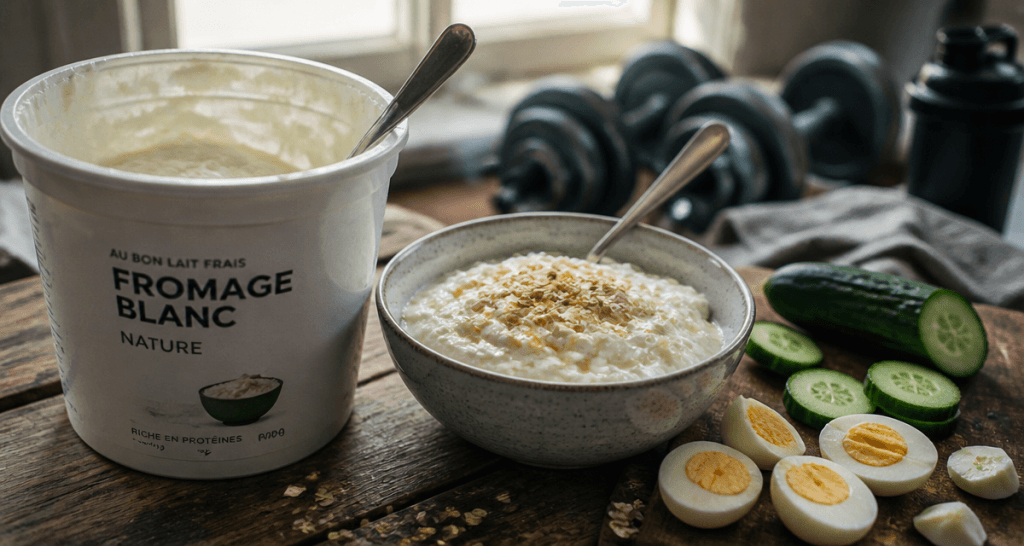manger 1kg de fromage blanc par jour, bol et pot, ambiance sportive