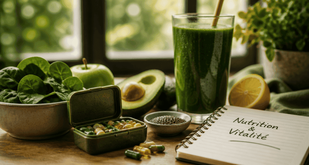 multi vitamines et minéraux avec smoothie vert
