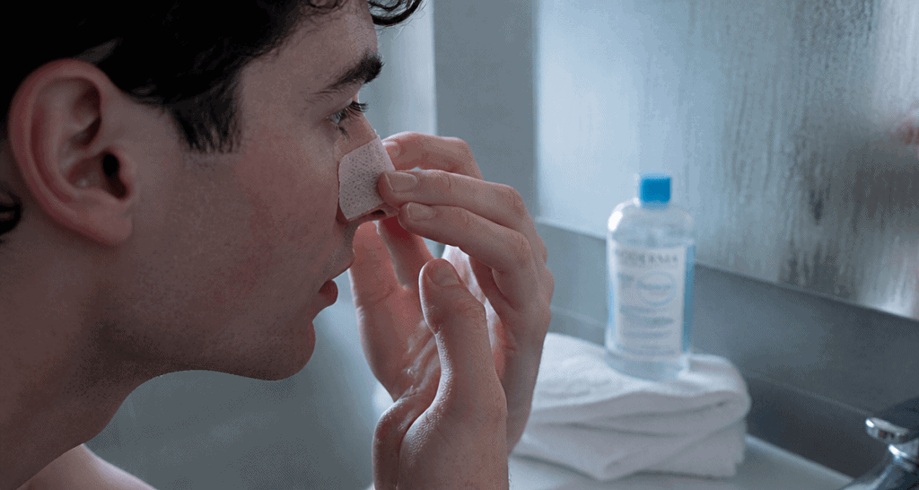 Application pansement pour nez devant miroir