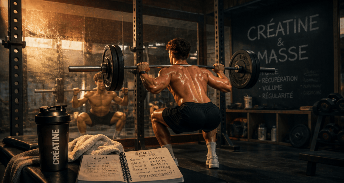 Prise de masse creatine, athlète musclé, salle de sport