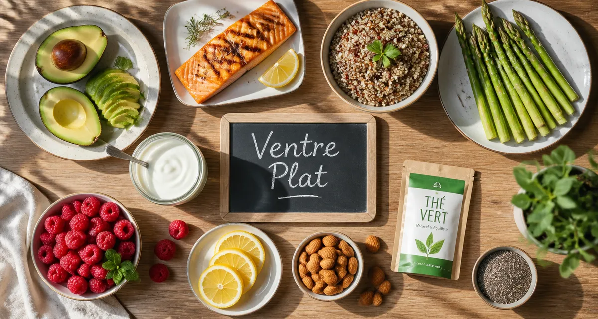 aliment pour perdre le ventre sur table en flat lay