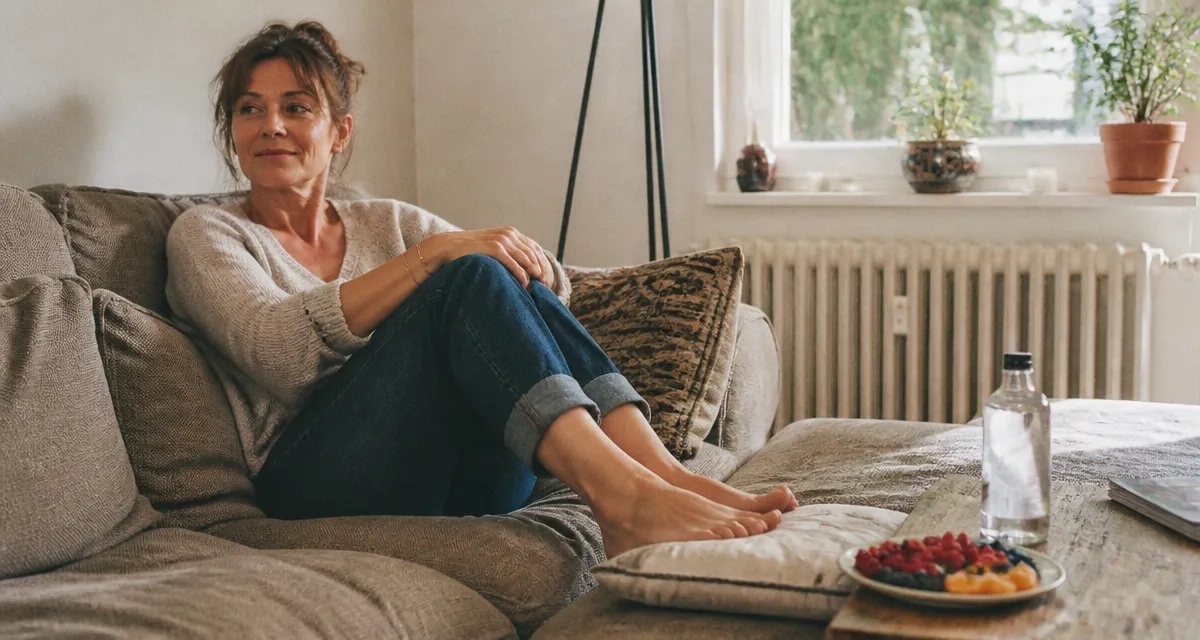 ameliorer la circulation sanguine femme assise jambes surélevées fruits rouges