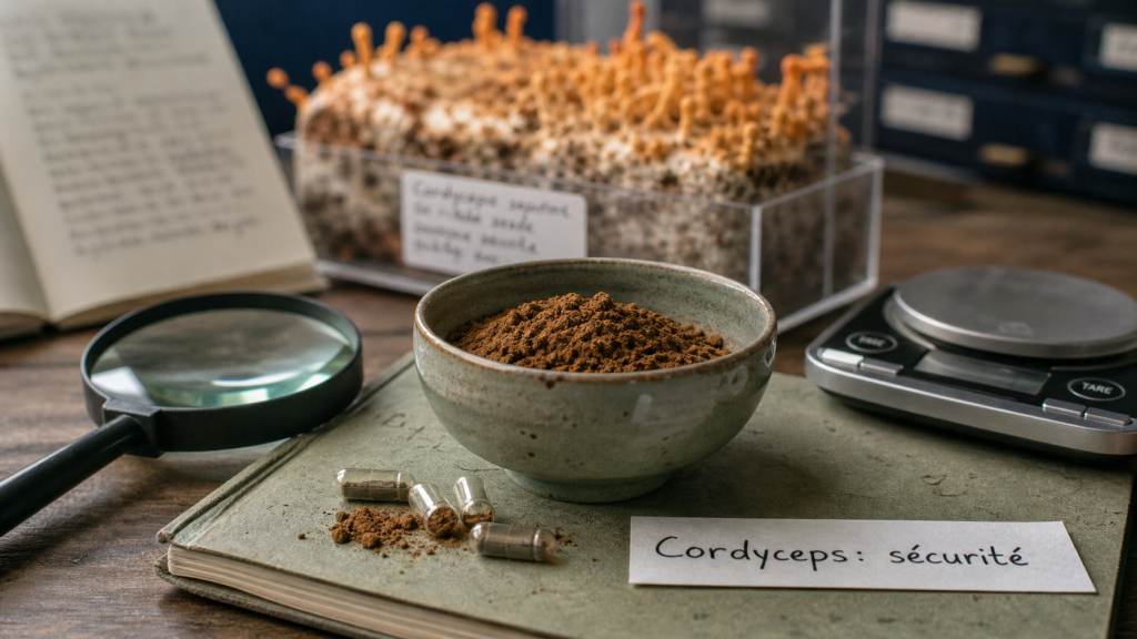 Cordyceps dangereux pour l homme : poudre et capsules sur un carnet, sécurité