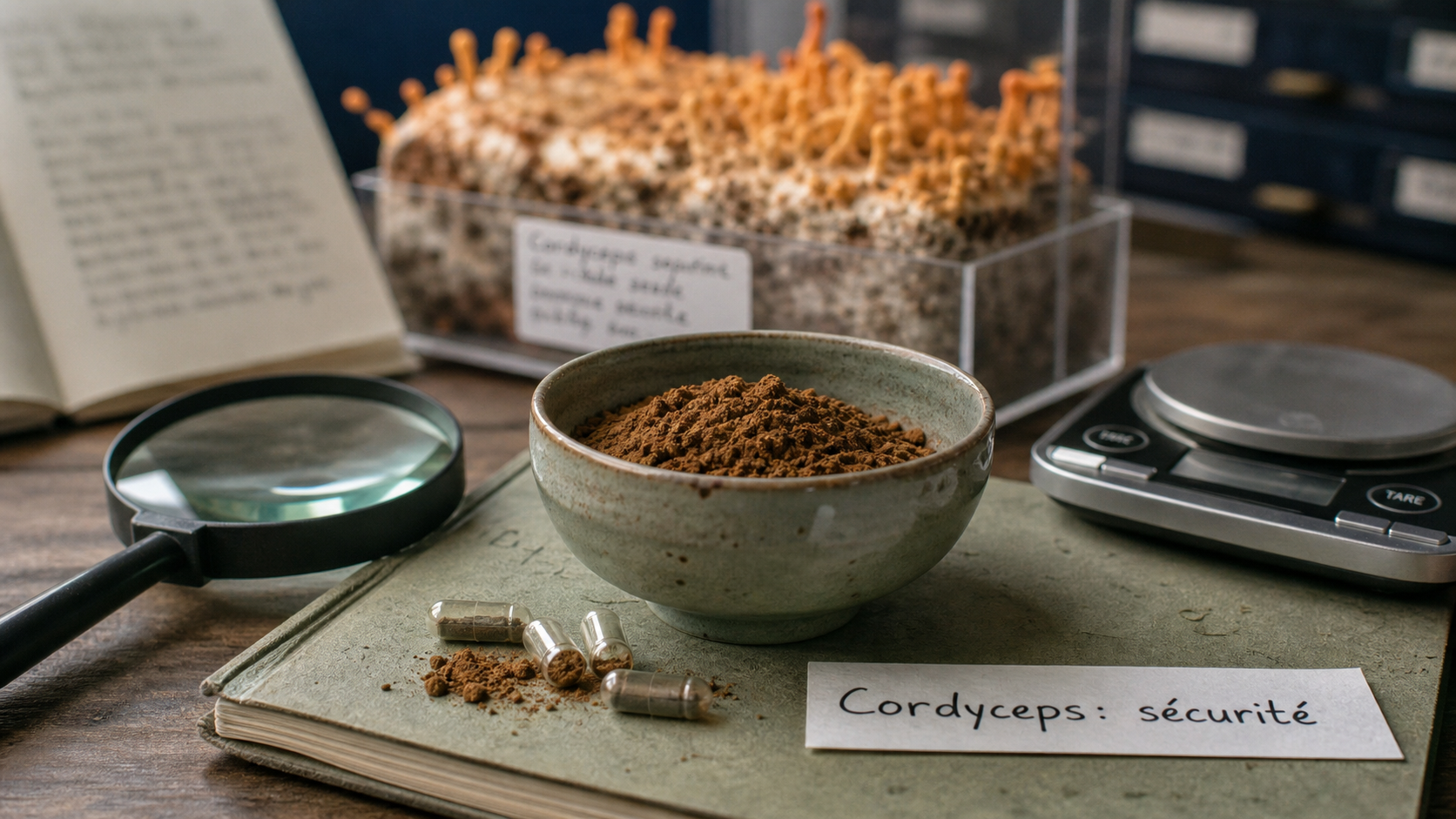Cordyceps dangereux pour l homme : poudre et capsules sur un carnet, sécurité