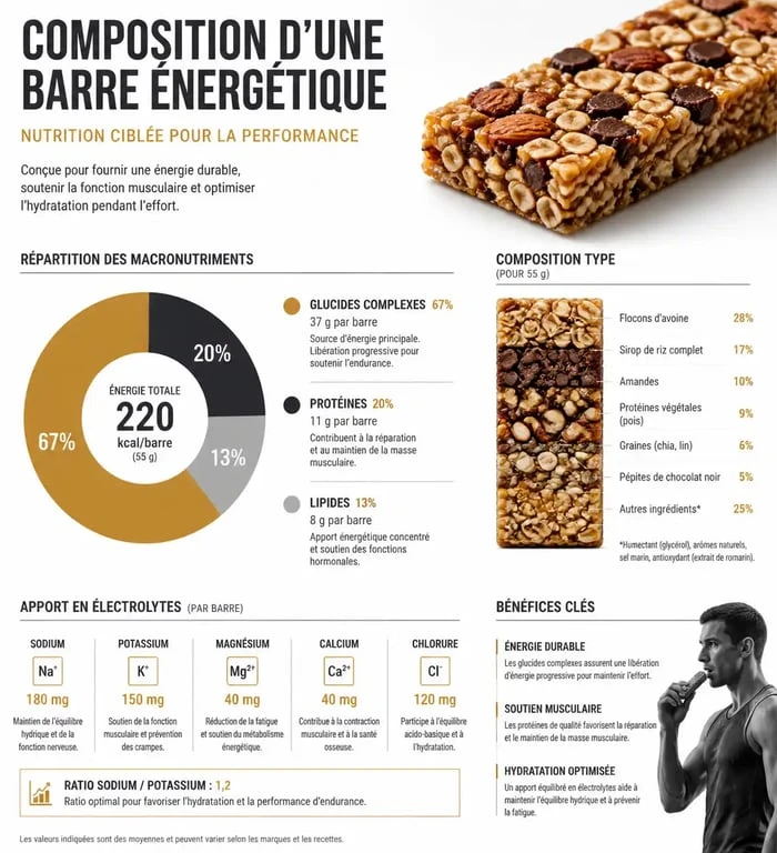 Infographie sur la composition idéale des barres énergétiques pour sportifs