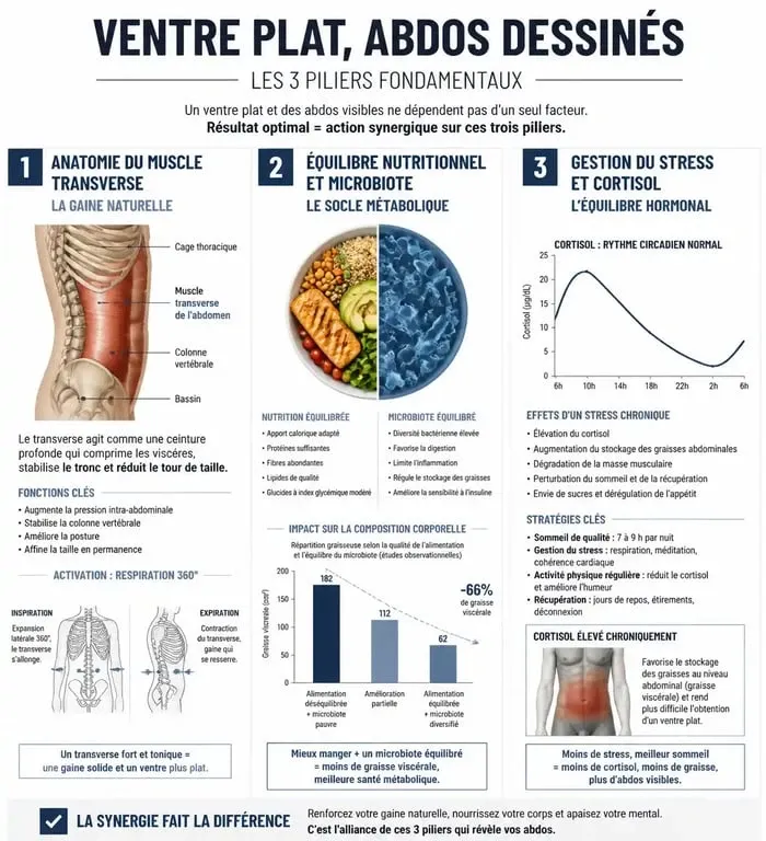 Infographie sur les piliers pour obtenir un ventre plat et des abdos dessinés
