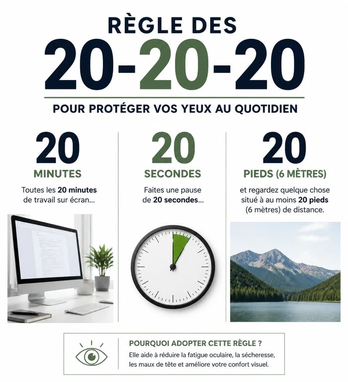 Infographie illustrant la règle des 20-20-20 pour soulager la fatigue oculaire et pratiquer l'exercice des yeux