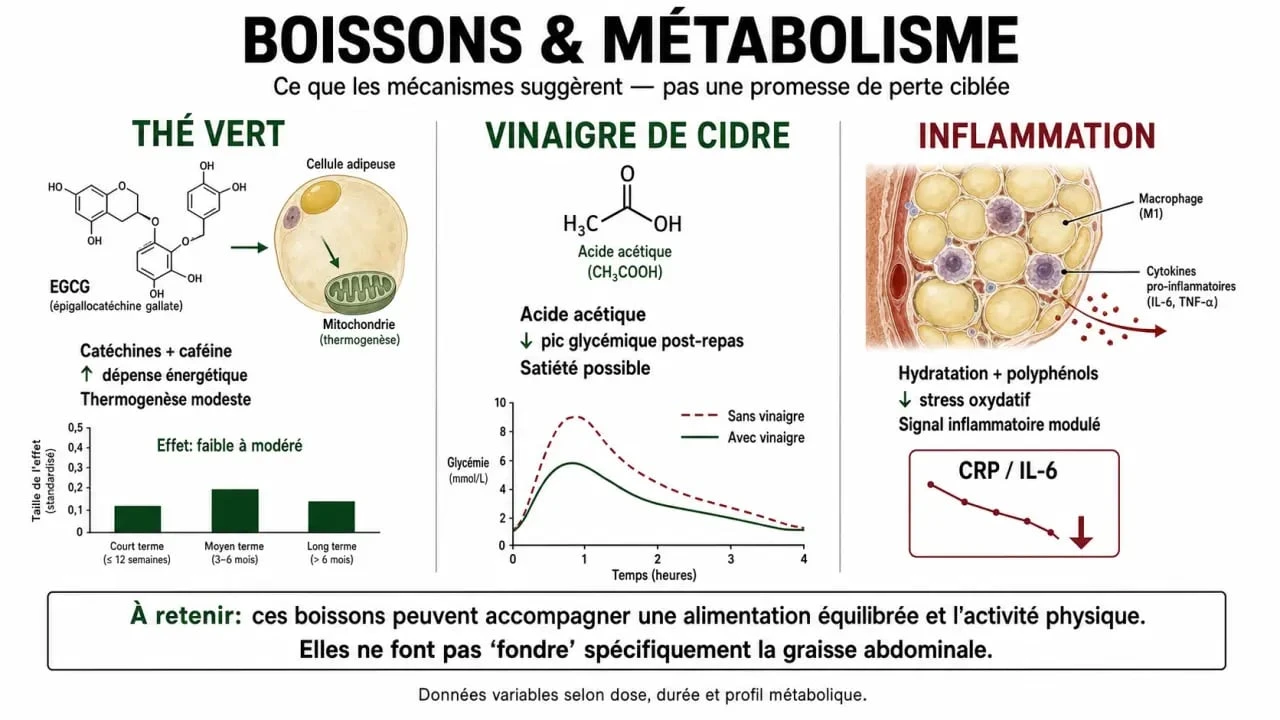 Infographie sur les bienfaits des boissons pour perdre du ventre et leur action sur le métabolisme