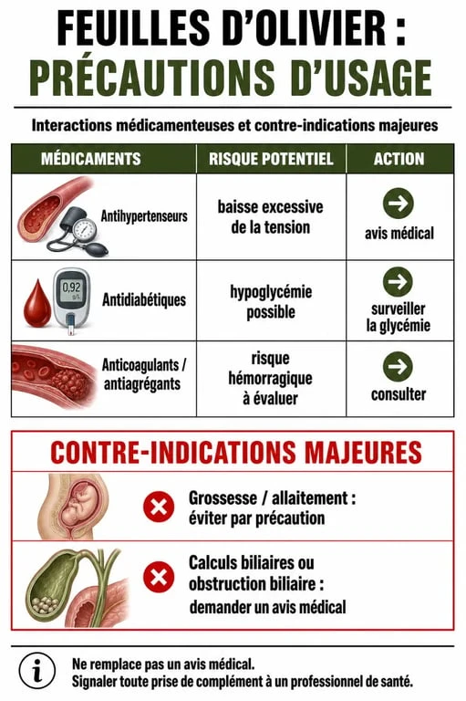 Infographie sur les précautions, interactions et effets secondaires des feuilles d'olivier