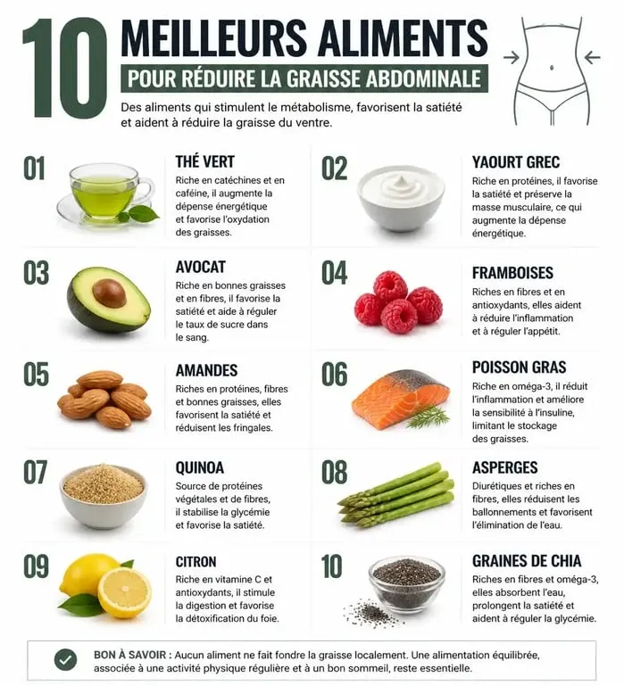 Infographie des meilleurs aliments pour perdre le ventre et réduire la graisse abdominale
