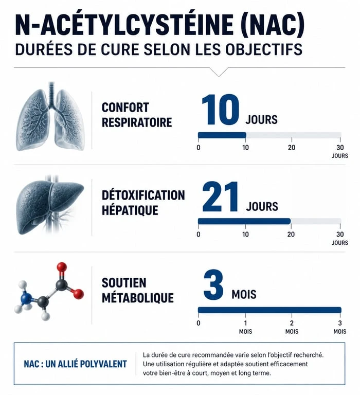 Infographie des durées recommandées pour une cure de NAC selon les objectifs de santé