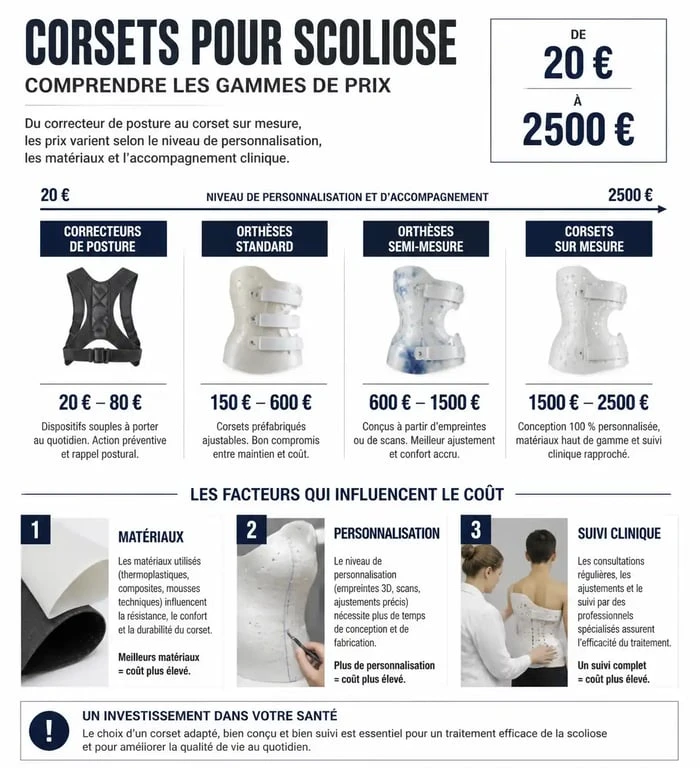 Infographie comparative des prix et facteurs de coût d'un corset pour scoliose