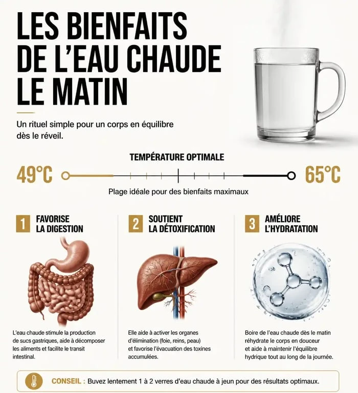 Infographie sur les bienfaits et la température idéale pour boire de l'eau chaude le matin