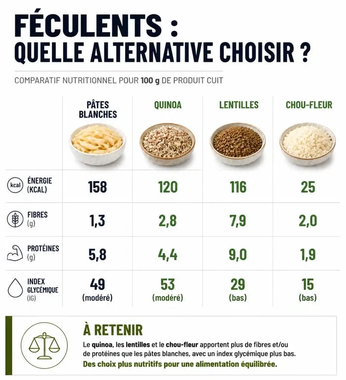 Infographie comparative des apports nutritionnels pour remplacer les féculents par des alternatives saines