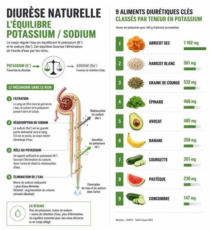 Infographie sur les bienfaits des aliments diurétiques et le rôle du potassium pour la santé