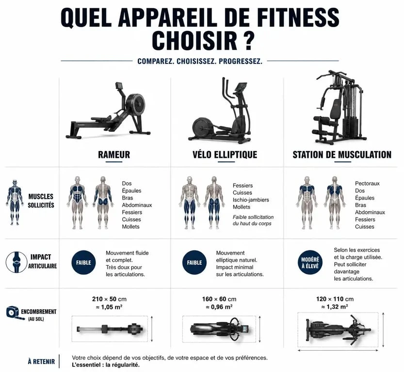 Comparatif des meilleurs appareils de sport pour faire travailler tout le corps : rameur, elliptique et station de musculation.