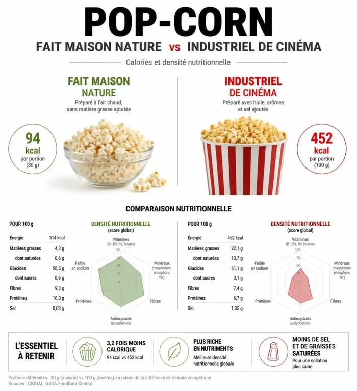 Infographie comparative : le pop-corn fait-il grossir ? Analyse des différences caloriques entre le pop-corn nature et le pop-corn industriel.