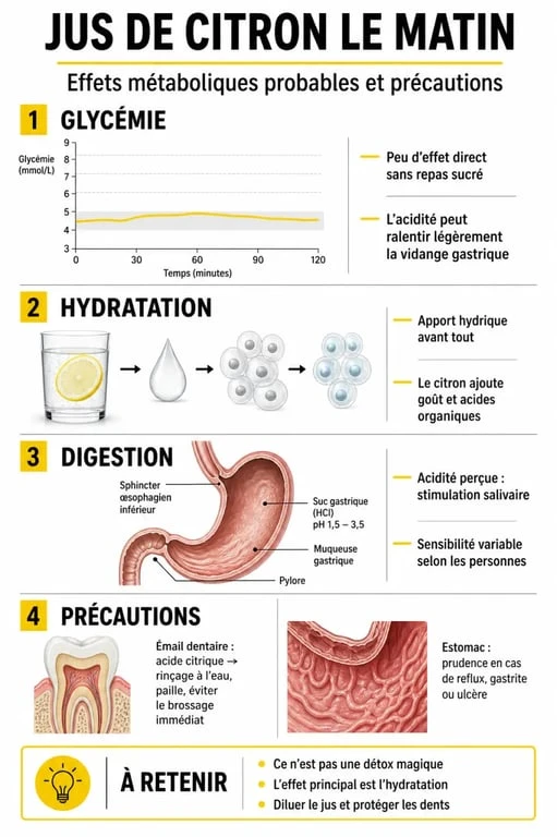 Infographie sur les bienfaits et risques du jus de citron le matin pour maigrir et la santé