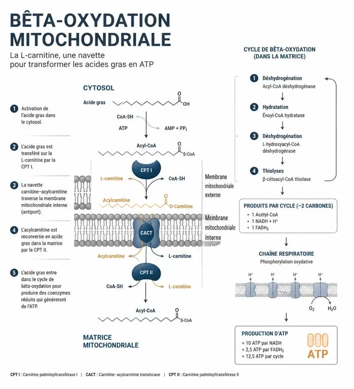 Schéma du mécanisme d'action du Levocarnil et de la L-carnitine dans la cellule