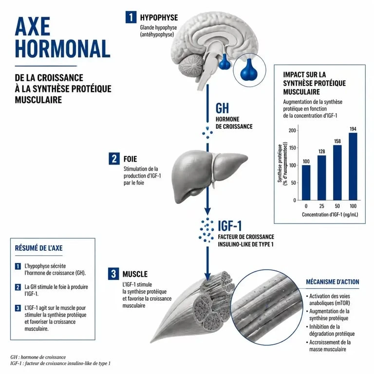 Schéma explicatif du fonctionnement de l'hormone de croissance pour la musculation et rôle de l'IGF-1