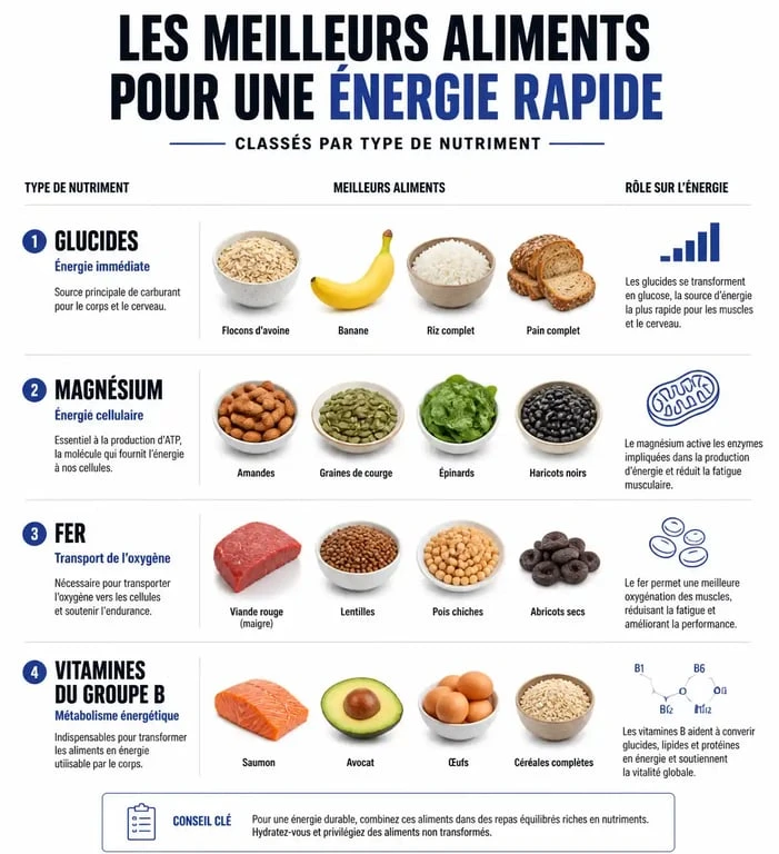 Infographie des aliments qui donnent de l'énergie rapidement et leurs bienfaits nutritionnels