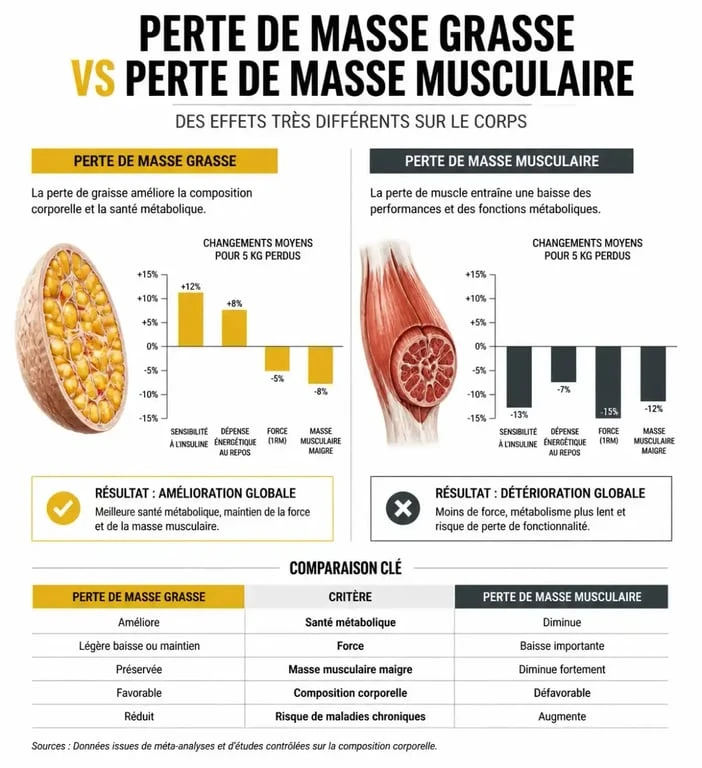 Infographie illustrant la différence entre la perte de masse grasse et la fonte musculaire lors d'un régime