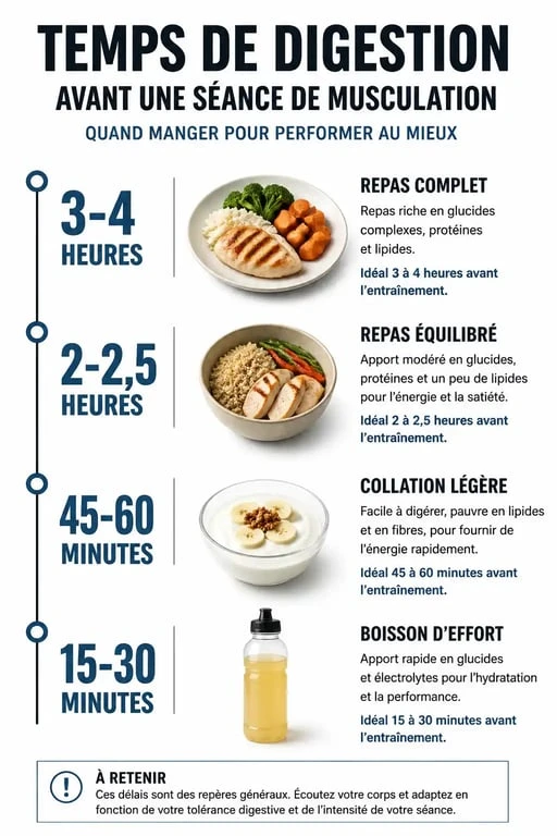 Infographie des temps de digestion recommandés avant la musculation pour optimiser la performance