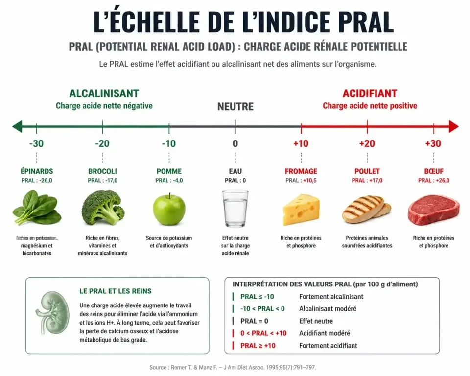 Infographie explicative sur les aliments acides ou alcalins et l'indice PRAL