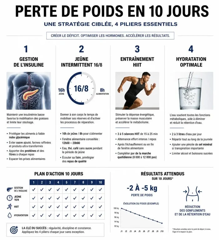 Infographie des piliers pour perdre 5 kg en 10 jours : insuline, jeûne, HIIT et hydratation