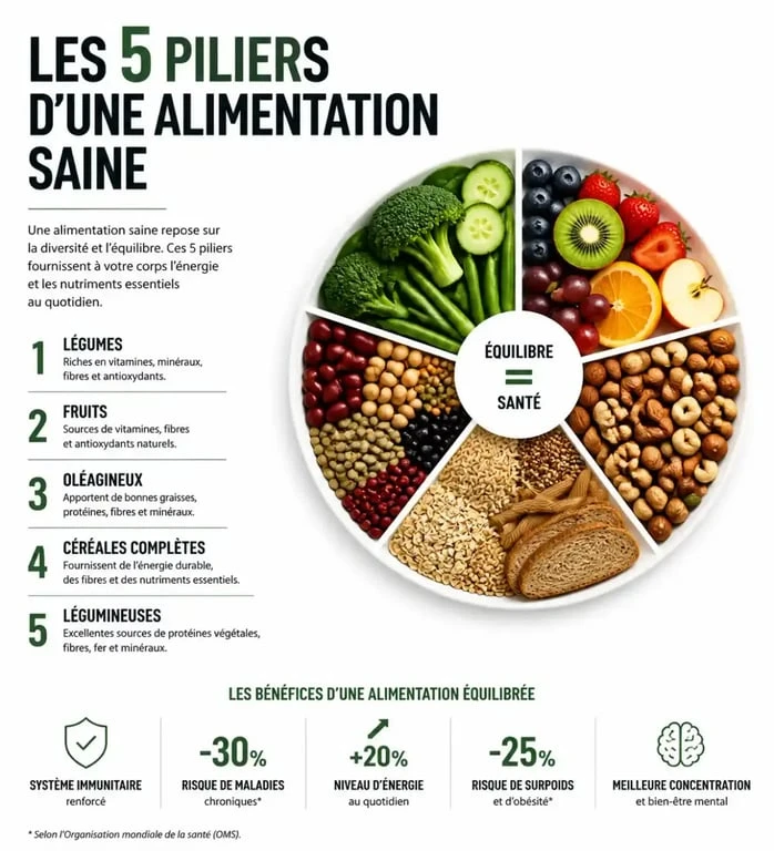 Infographie des 5 piliers d'une alimentation saine pour un corps en bonne santé